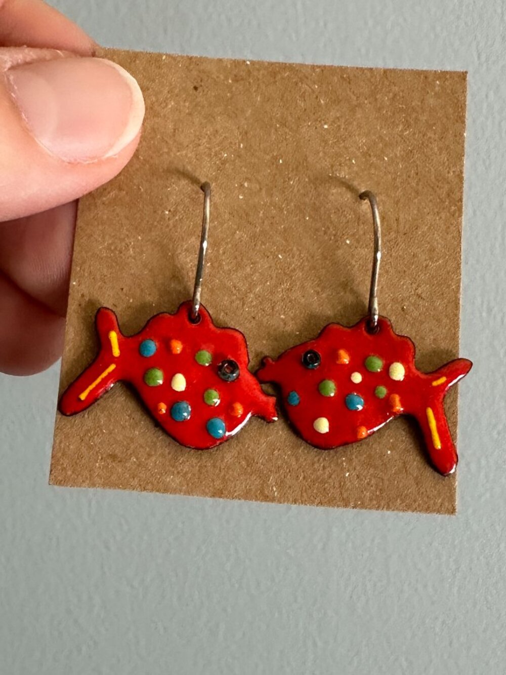 Handmade Red Fish Metal Earrings with Polka Dots | NWOT
